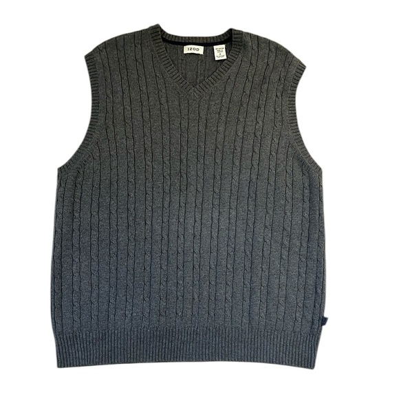 Vintage Y2K IZOD 100% Cotton Cable Knit Sweater Vest Heather Gray V-Neck Medium - Picture 1 of 8
